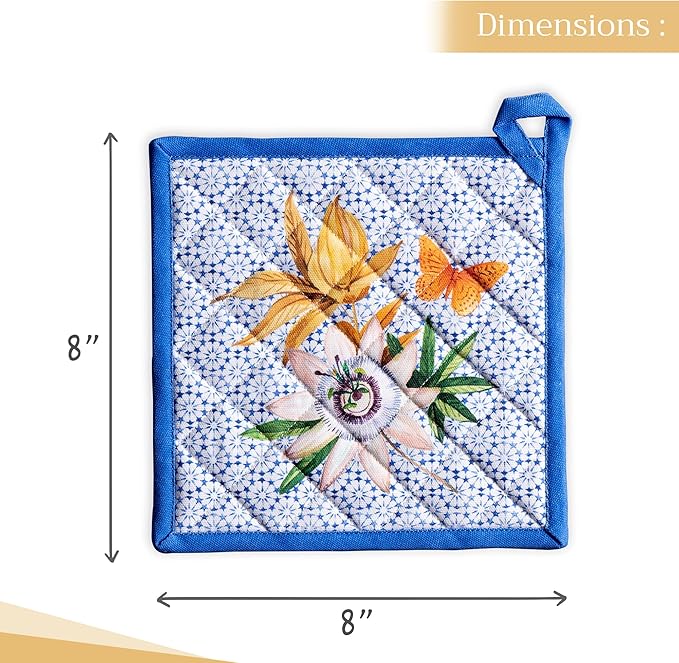 Maison d' Hermine Pot Holders 100% Cotton Heat Resistant Potholders 8" x 8" Hot Pads with Loop BBQ Cooking Baking Gifts for Mothers Day Handling Hot Pans Spring/Summer (Pack of 2, Passiflora)