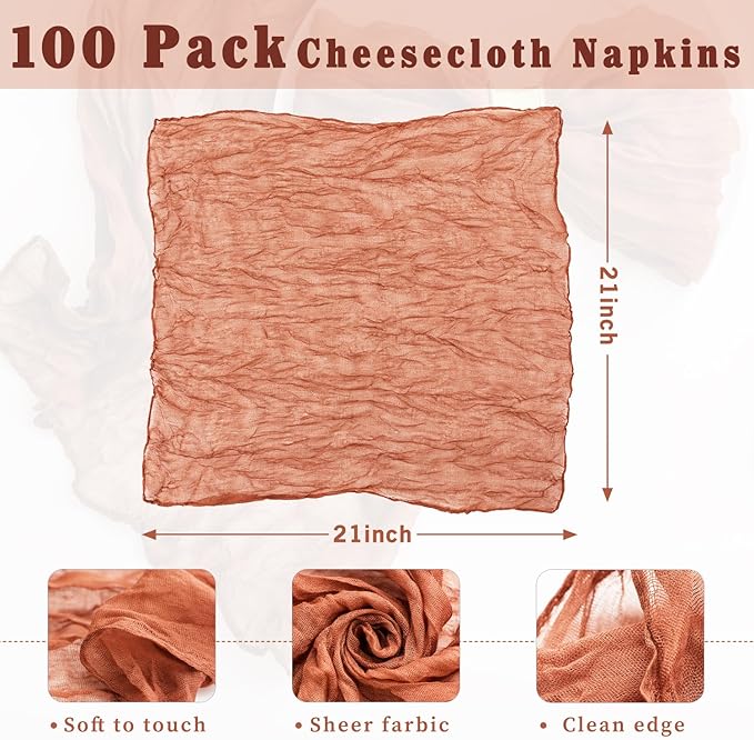 100 Pack Terracotta Cheesecloth Napkins 21x21 Inches Terracotta Cloth Napkins Washable Set of 100 Dinner Table Napkins for Wedding Bridal Baby Shower Rustic Boho Cotton Gauze Summer Party Table Decor
