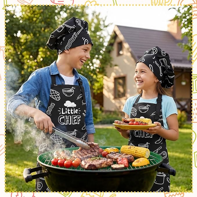 Kids Apron and Chef Hat Set, Funny Apron with 2 Pockets, Adjustable Kids Aprons for Cooking for Boys and Girls