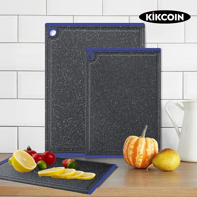 Kikcoin Plastic Cutting Boards for Kitchen, 3-Piece Large Cutting Board Set Dishwasher Safe Chopping Boards with Non-slip Feet and Juice Grooves, Blue