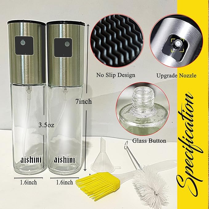 Oil Sprayer [100ml] Pack of 2, Stainless Steel Glass Bottle, Funnel + Clean Brush + Oil Brush added, Best Kitchen Gadgets for BBQ, Salad, Camping, Roasting, Air Fryer, Cooking