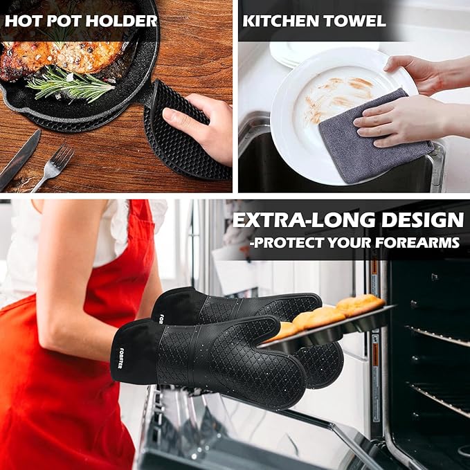 Silicone Oven Mitts 15'' Heat Resistant Flexible Oven Glove Set Hot Mitts with Soft Cotton Lining for Cooking, Baking, and Grilling (Black Mitts+potholders+Kitchen Towels, 15'')