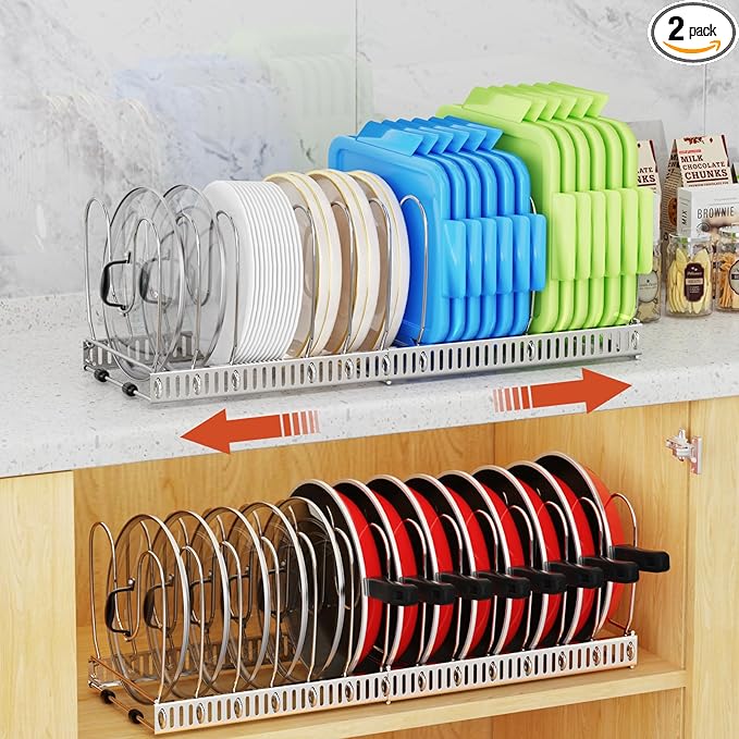 Housolution 2 Pack Pot and Pan Organizer with 14 Adjustable Dividers, 12"-23" Expandable Food Container Lid organizer Compatible with Tupperware, Pan Lid Holder Storage Rack for Cabinet, Silver