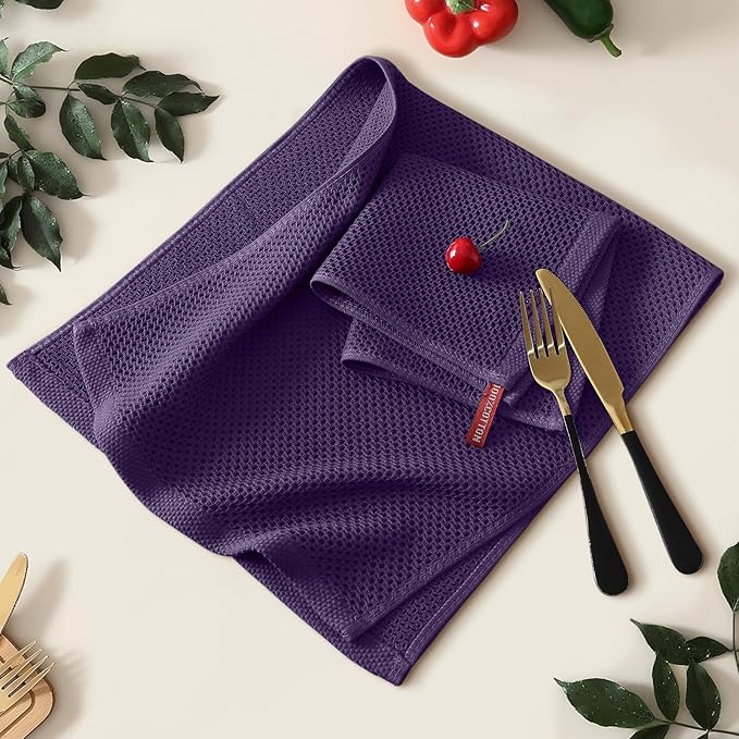 Kitinjoy 100% Cotton Waffle Weave Kitchen Hand Towels (13 X 28 Inches, Eggplant), 4-Pack Super Soft and Absorbent Dish Towel for Drying Dishes