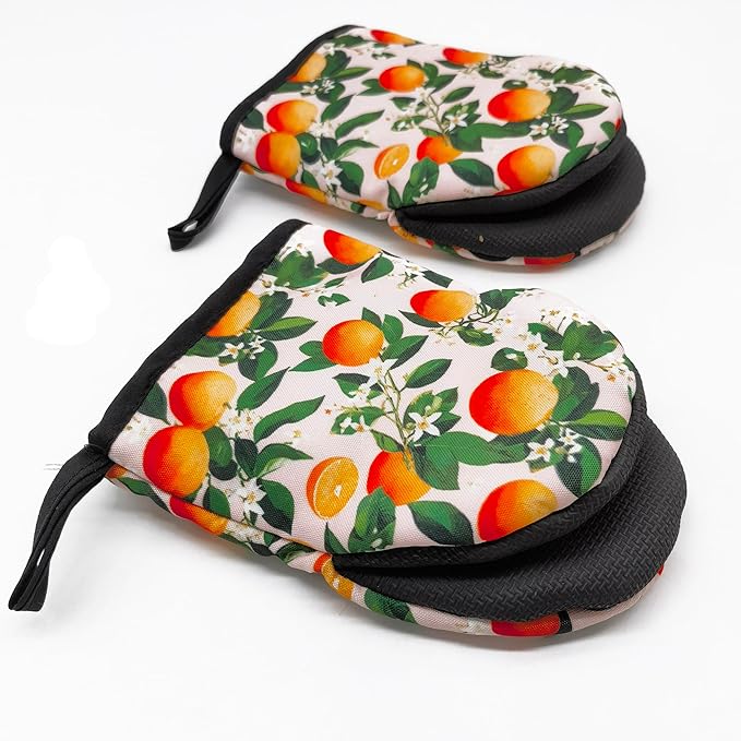 Orange Oven Mitts, High Heat Resistant Kitchen Oven Gloves, Mini Silicone Oven Mitts, Non-Slip Grip Surfaces and Hanging Loop for Grilling, Baking, Cooking and Microwave, Gift