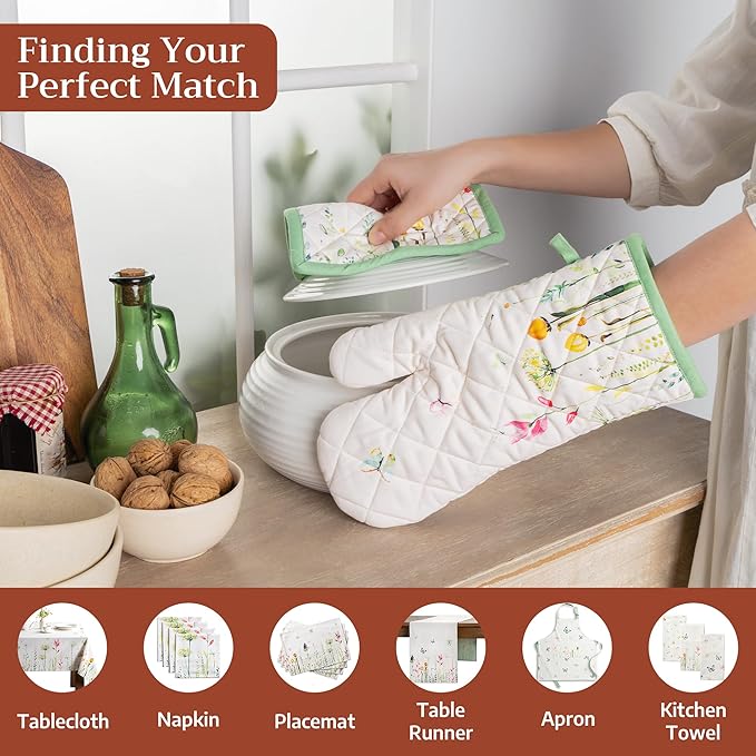 Maison d'Hermine Oven Gloves 100% Cotton Oven Mitt 7" x 13" with Loop Heat Resistant BBQ Cooking Gloves Baking Grilling Gifts for Mothers Day Spring/Summer (Pack of 1, Botanical Fresh)