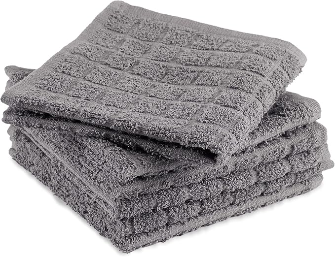 DII Basic Terry Collection Solid Windowpane Dishcloth Set, 12x12, Gray, 6 Piece