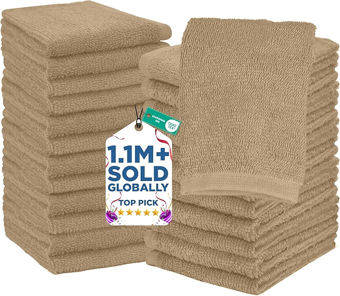 DAN RIVER 24 Pack Wash Cloths for Showering [12x12] - 100% Cotton Washcloths Premium Quality Flannel Face Cloths for Bathroom, Highly Absorbent and Soft Feel Wash Clothes, Tan