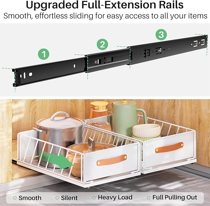 Pull out Cabinet Organizer,Heavy Duty Slide out Pantry Shelves Drawer Storage with Adhesive Nano Film,Sliding Mesh Cabinet Basket with Handle for Kitchen, Bathroom, Home, 9.8"W X 15.7"D X 6.2"H,White
