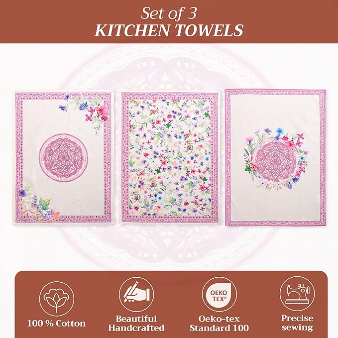 Maison d' Hermine Kitchen Towels Set of 3 100% Cotton 27.50" x 20" Reusable Cloth Tea Dish Towels Absorbent with Hanging Loop for Kitchen Gifts for Mothers Day Spring/Summer (Chardon)