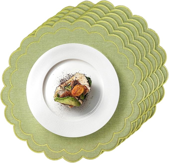 Set of 6 Cotton Linen Placemats, 15" Scalloped Flower Embroidery Cloth Table Mats Double Layered Fabric Machine Washable Wrinkle Free Dining Placemat for Hotel Restaurant Kitchen, Green