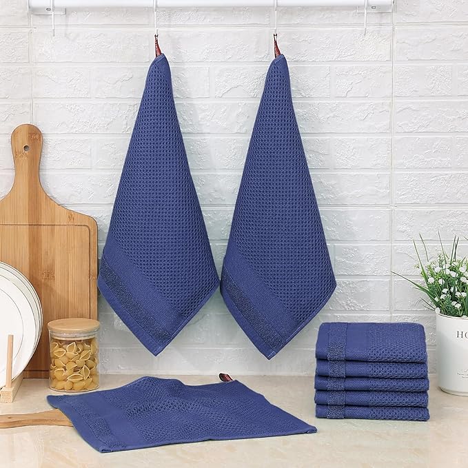 Homaxy 100% Cotton Dish Cloths, 8 Pack - 12 x 12 Inches, Waffle Weave Super Soft and Absorbent Dish Towels Quick Drying Dishcloths, Navy Blue