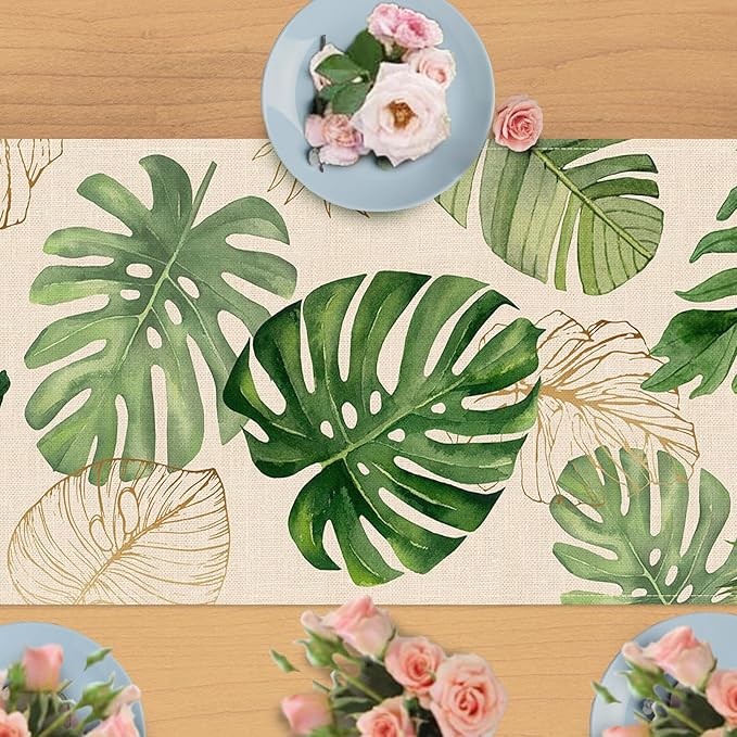 Seliem Summer Palm Leaves Tropical Greenery Table Runner, Monstera Home Kitchen Dining Plant Decor, Spring Seasonal Decorations Indoor Outdoor Hawaii Luau Anniversary Party Supply 13 x 90 Inch