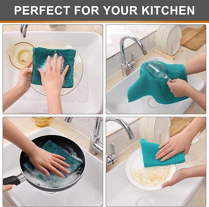 Kitinjoy 100% Cotton Kitchen Dish Cloths (12 X 12 Inches, Teal), 6 Pack Waffle Weave Ultra Soft Absorbent Dish Towels for Drying Dishes Quick Drying Kitchen Towels Dish Rags
