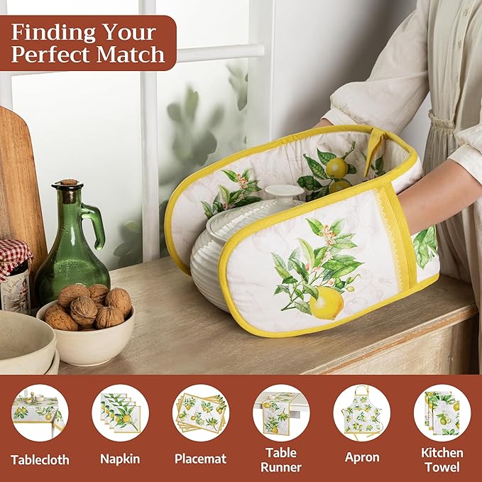 Maison d' Hermine Double Oven Mitts 100% Cotton 7"x35" Double Oven Mitt Heat Resistant BBQ Cooking Gloves with Loop Baking Grilling Gifts for Mothers Day Spring Summer (Limoncello)