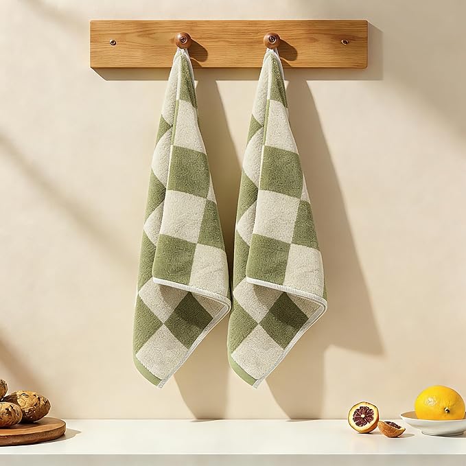 Madi-Cadi 100% Cotton Checkerboard Towels Set of 2, Farmhouse Kitchen & Guest Bathroom Towels, 13 x 29 Inches, Highly Absorbent Lint-Free Dish & Hand Towels with Double-Stitched Hems(Green)