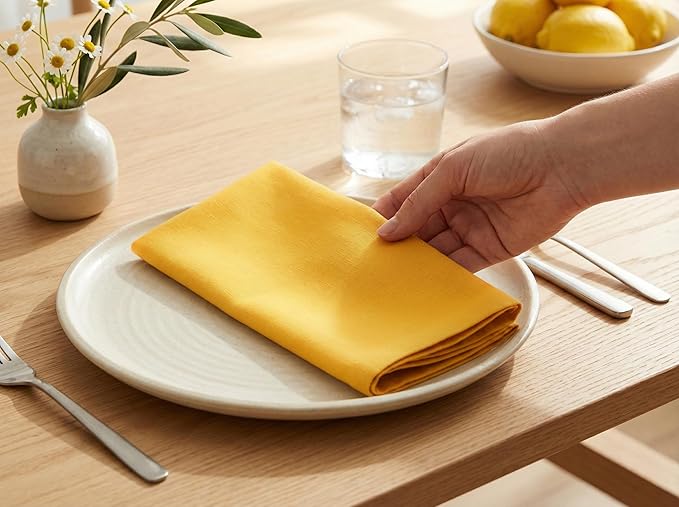 PurpleEssences Set of 12 Cloth Dinner Napkins 100% Cotton 18x18 Inch - Soft Durable Washable - Ideal for Farmhouse Party Spring Easter Summer - Perfect Everyday Use Table Linen - Golden Yellow
