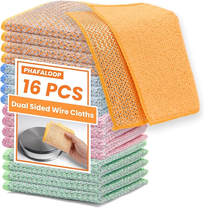 16 Pcs Multipurpose Wire Dishwashing Rags, Upgraded Dual-Sided Non Scratch Wire Dishcloth, Reusable Metal Wash Cloth, Steel Wool Cleaning Cloths for Kitchen, Cookware, Sinks, Stove Tops