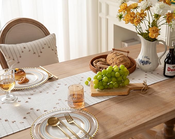 Boho Table Runner 13 x 48 Inch Long Natural Cotton Woven Runner with Tassels for Home Dining Table décor, for Modern Farmhouse Decor Coffee Table Runner, Taupe and Beige