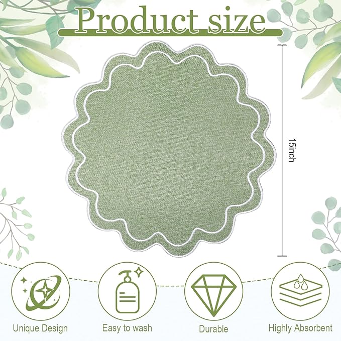 Set of 12 Cotton Linen Placemats, 15x15 Scalloped Flower Embroidery Cloth Table Mat Double Layered Fabric Washable Wrinkle Free Dining Placemat for Restaurant Kitchen Decor (Green with Silver)