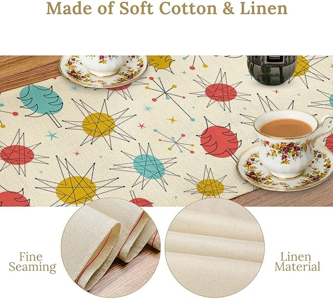 Mid Century Table Runner Retro Abstract Boho Geometric Atomic Starbursts Art Printed Dinner Runner for Home Kitchen Dining Table Decor Fabric 1 Panel W13xL70in