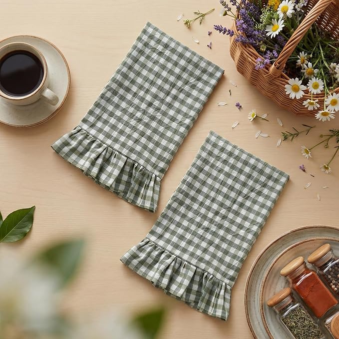 HunnmingRe Sage Green Kitchen Towels Set of 2, 100% Cotton Ruffled Gingham Dish Towels 18"x28" Absorbent Tea Cloths Classic Plaid Pattern for Farmhouse Charm, Drying Dishes, Entertaining Guests