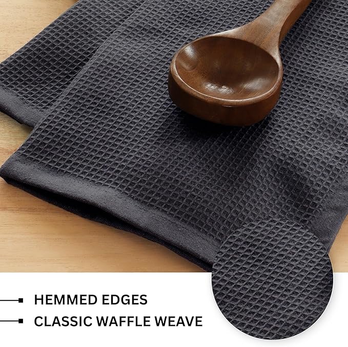 PurpleEssences Waffle Weave Kitchen Towel, 100% Cotton - 15x25 Inches with Hanging Loop, Ultra Soft Absorbent Quick Drying Dish Cloth, Tea and Hand Towels, 4 Pack - Spring Easter Summer - Dark Grey