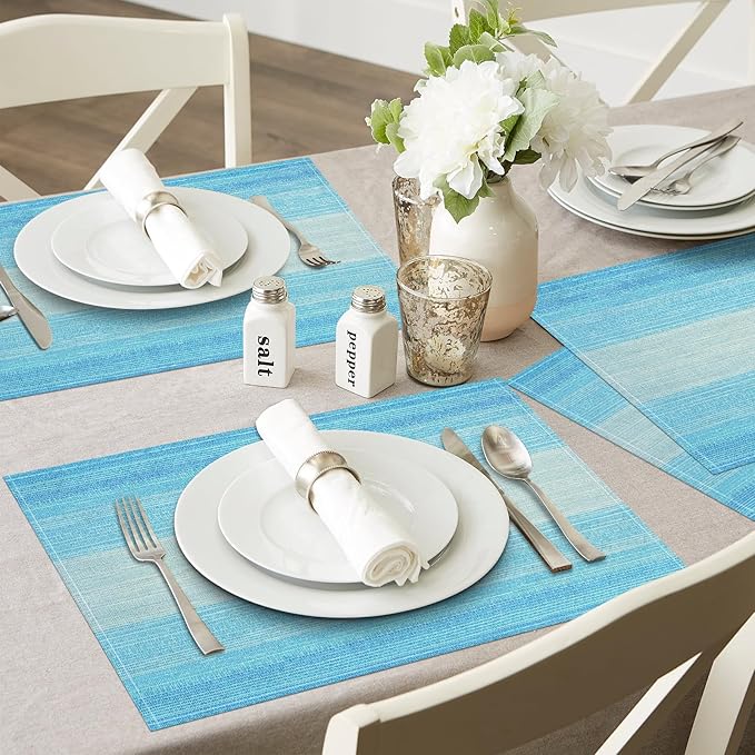 Niviy Blue Placemats Set of 8, 12x18 Inch Washable Easy to Clean Heat-Resistant Anti-Skid Table Mats for Holiday Party Kitchen Dining Room Decoration