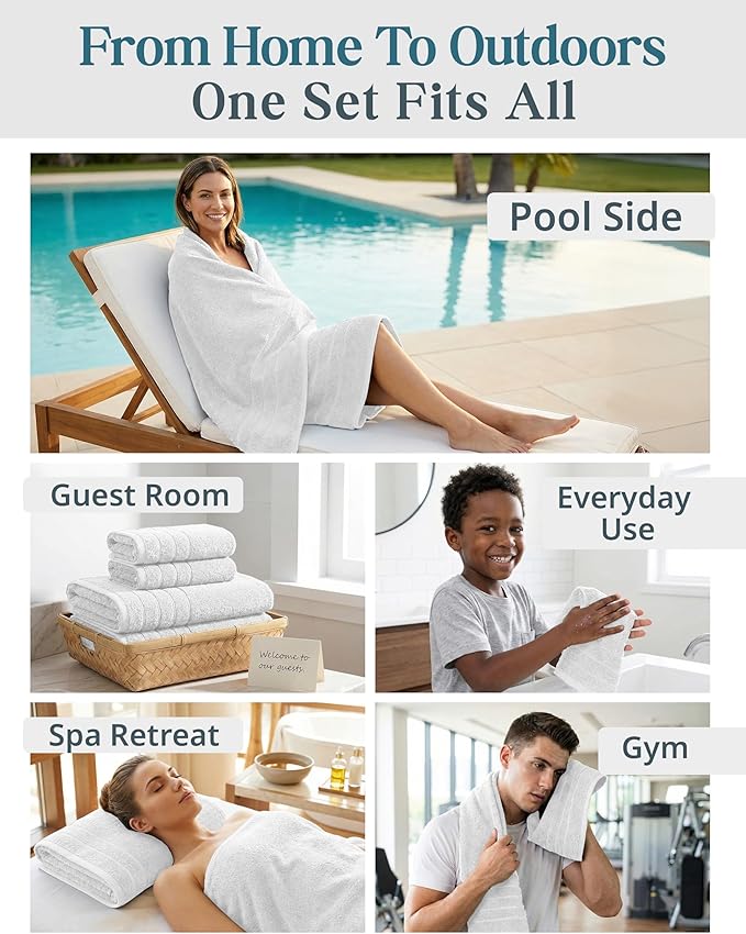 24 Piece Towels for Bathroom – 100% Cotton Bath Towel Set, 2 Bath Sheet, 2 Bath, 2 Gym Towel, 4 Fingertip, 6 Hand, 8 Washcloth, Ideal for Hotel & Everyday Use, Remains Soft After Every Wash – White