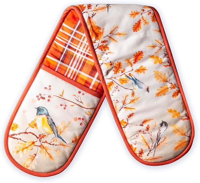 Maison d' Hermine Double Oven Mitt (7" x 35") 100% Cotton Heat Resistant BBQ Cooking Gloves with Loop for Thanksgiving Christmas Decorations Baking Cooking Barbeque Handling Hot Pan (Oak Leaves)