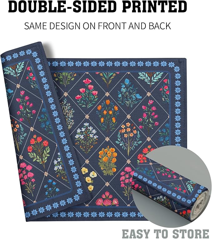 Dark Blue Flowers Placemat Set of 4 Wildflower Printed Place Mats for Women