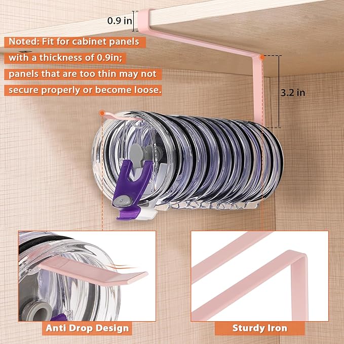 2 Pack Tumbler Lid Organizer, Horizontal Tumbler Lid Storage Hook to Hold Up 20 Lids, Space Saving Cup Lid Holders Under Cabinet Tumbler Lid Hook for Kitchen Organizer, Paper Towel Rack Hanger (Pink)