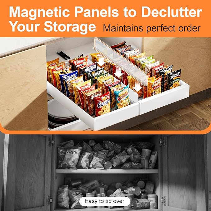 2 Pack Pull out Cabinet Organizer Expandable Width(12"-20") and 21"Depth, No Drill Adjustable Slide Out Drawers for Kitchen, Cabinets With 3 Slide Rails,Magnetic Panel, Adhesive Roll out Shelves