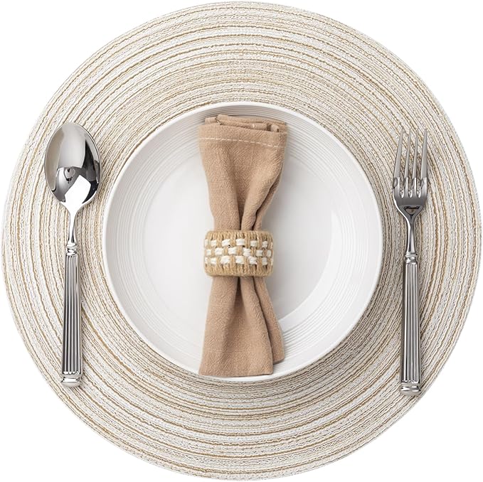 Round Placemats Set of 6 Woven Placemats Washable Braided Table Mats for Dining Table Heat Resistant Non-Slip Circle Place Mats(Cream)