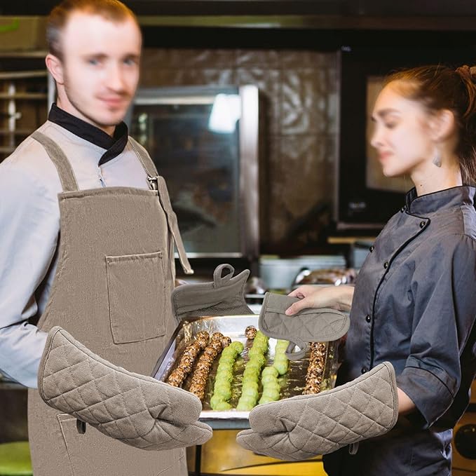 Oven Mitts and Pot Holders with Cooking Apron Set of 5, Heat Resistant Kitchen Gloves and Silicone Non-Slip Potholders, Adjustable Neck Buckle Chef Apron, Cotton Nice Design for Cooking (Coffee)