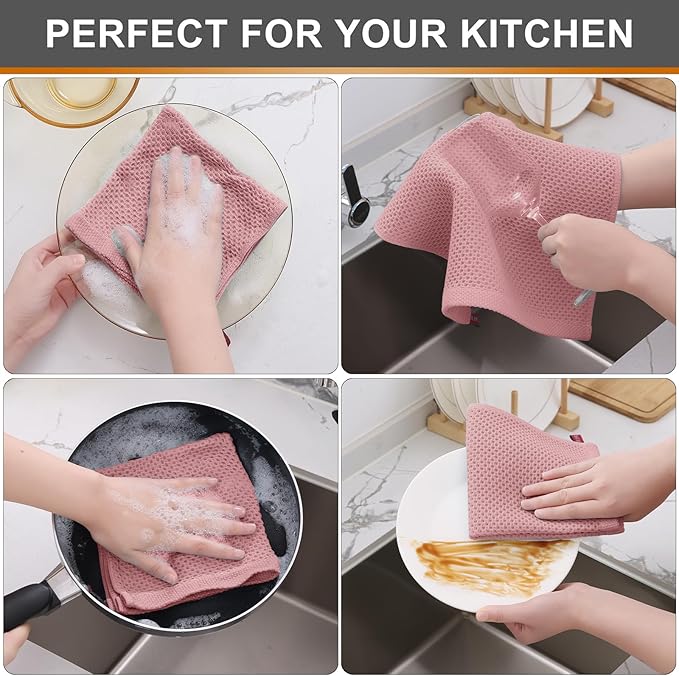 Kitinjoy 100% Cotton Kitchen Dish Cloths (12 X 12 Inches, Dried Roses), 6 Pack Waffle Weave Ultra Soft Absorbent Dish Towels for Drying Dishes Quick Drying Kitchen Towels Dish Rags