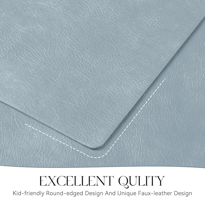 MOSAYT Vinyl Placemats Set of 12-12 X 17 Inch - Faux Leather 100% Waterproof Oil-Proof Wipeable PU Place Mats, Heat Resistant Reversible Table Mats for Kitchen, Dining, Outdoor (Light Grayish Blue)