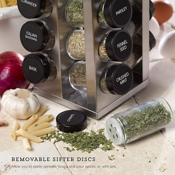 Kamenstein 20 Jar Heritage Revolving Countertop Spice Rack Organizer with Spices Included, FREE Spice Refills for 5 years, Brushed Stainless Steel with Black Caps (Pack of 3)