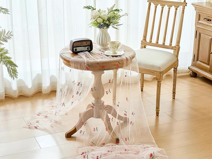 YATOJUZI Embroidery Cherry Table Runner Girly Rustic Decorations Summer Seasonal Fruits Floral Home Kitchen Decor Tulle Dining Table Runners for Wedding Shower Party