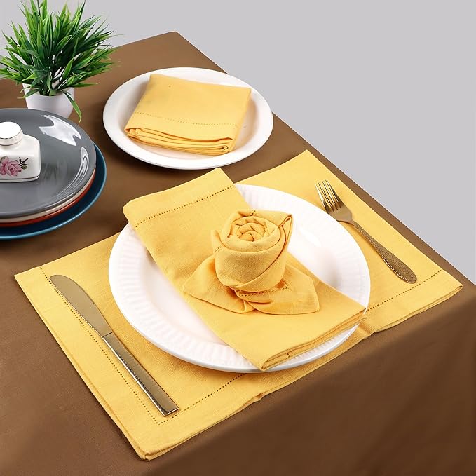 FINGERCRAFT Cloth Napkin Hemstitched 20x20 Inch Generous Picot Hem, Mitred Corner, Everyday Use Premium Quality High GSM and Good Absorbency Set of 12 Easter Color Daffodil