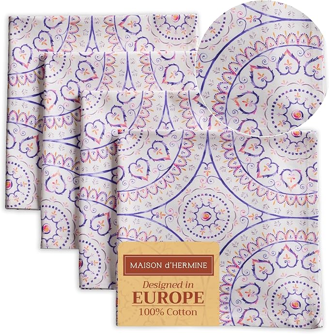 Maison d' Hermine Cloth Napkins Set of 4 100% Cotton Everyday Reusable Square Napkins Cloth Washable Dinner Party Wedding Restaurant Gifts for Mothers Day Spring/Summer (Mandala, 20" x 20")