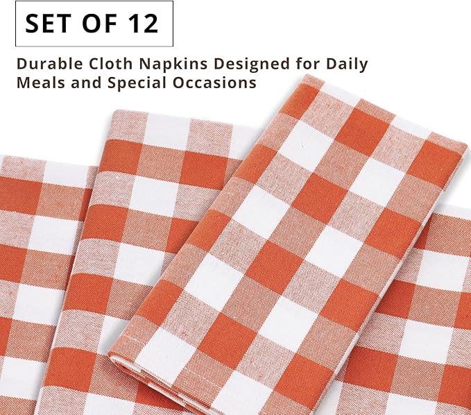 PurpleEssences Buffalo Plaid Cloth Napkins - Mitered Corners - Spring Easter Summer - Gingham Check Dinner Napkin - Set of 12-100% Cotton - 18x18 Inch - Reusable Washable - Orange and White