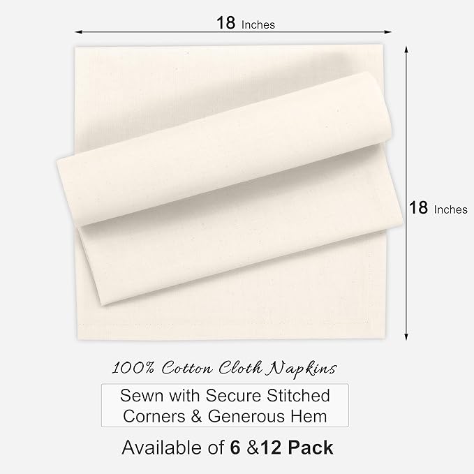 Ruvanti Cloth Napkins Set of 12, 100% Cotton High GSM 18x18 Inches Soft, Washable, Highly Durable & Absorbent, Perfect for Parties, Christmas, Thanksgiving Dinners – Natural Color
