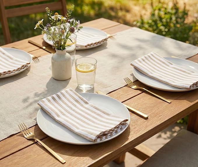 PurpleEssences Plain Striped Cloth Napkins - Set of 12-100% Cotton - 18 x 18 Inch - Spring Easter Summer and Perfect Everyday Use Dinner Napkin - Beige and White