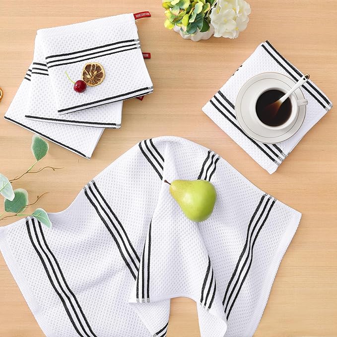 Homaxy Kitchen Towels and Dishcloths Set, 12 x 12 and 13 x 28 Inches, Set of 8 Premium Cotton Waffle Weave Kitchen Towels, Super Soft and Absorbent Dish Cloths, White & Black Stripes