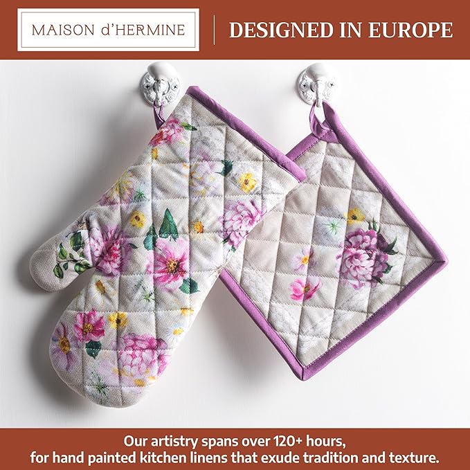 Maison d' Hermine 100% Cotton Oven Mitt & Pot Holder Set (7.5"x13" & 8"x8") Heat Resistant BBQ Cooking Gloves with Loop Baking Grilling Kitchen Gifts for Mothers Day Spring/Summer (Pivoine)