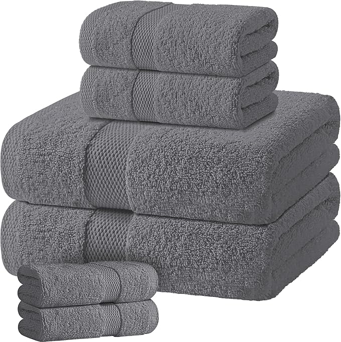 Gray Bath Towel Set of 6 - 100% Cotton Highly Absorbent Towels for Bathroom, 2 Luxury Bath Towels 650GSM, 2 Hand Towels, 2 Washcloths