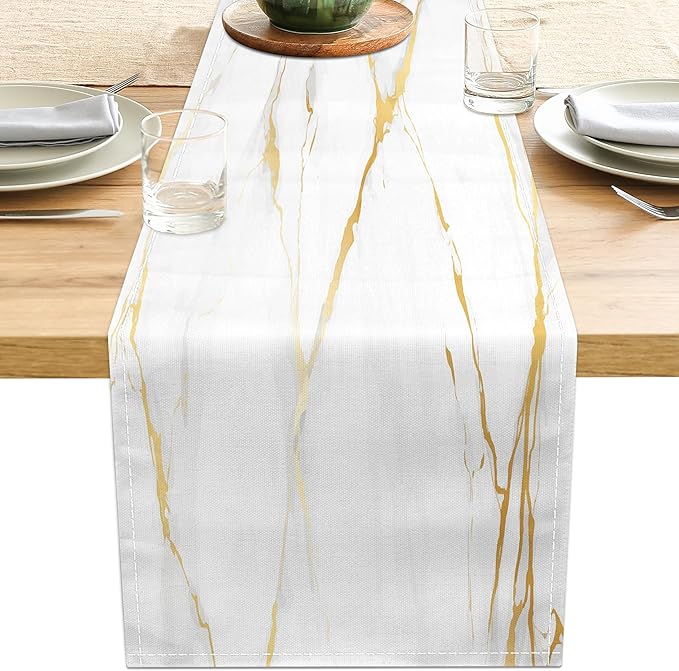 White Gold Table Runner Marble Linen Table Runners,Long Coffee Dresser Runners for Bedroom,Farmhouse Rustic Table Runner for Kitchen Dining Table Party (Marble, 13"x71")