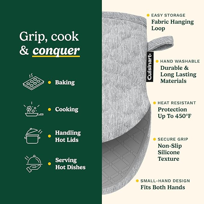 Cuisinart Silicone Mini Oven Mitts–5” x 8.5” Heat-Resistant Kitchen Mitts for Oven with Non-Slip 100% Silicone Palm, Cotton Filling, and Hanging Loop–Durable Oven Mitt Set for Cooking & Baking