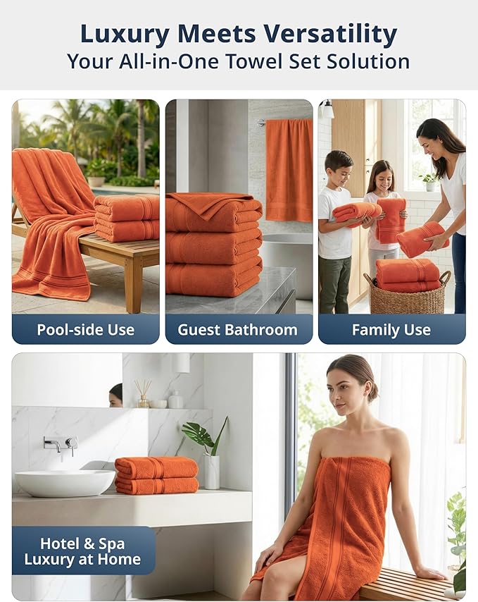 Lane Linen 100% Cotton 4 Pack Bath Towels (28"x54") - Zero Twist, Mercerized Cotton Towel Sets for Bathroom - Quick Dry, Soft & Absorbent Large Bath Towel Set - Salon, Spa & Hotel Quality - Tiger Lily